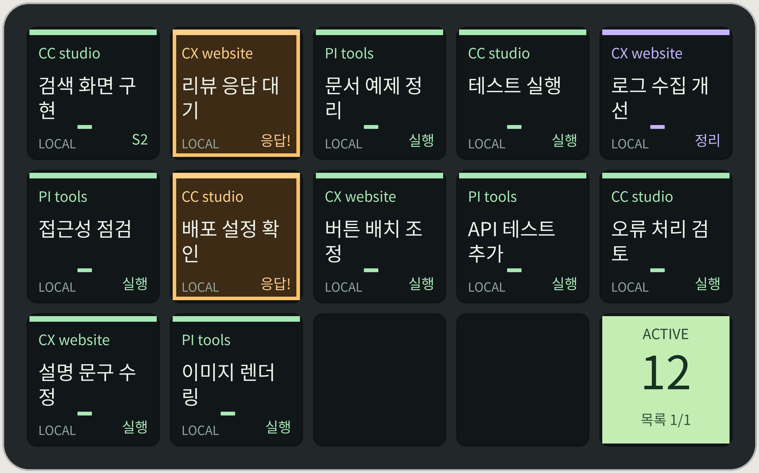 Original 5열 3행, 작업 자리 14개와 마지막 통계 키
